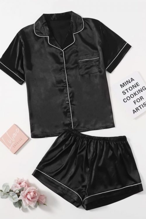 Black Silk shirt short set for women