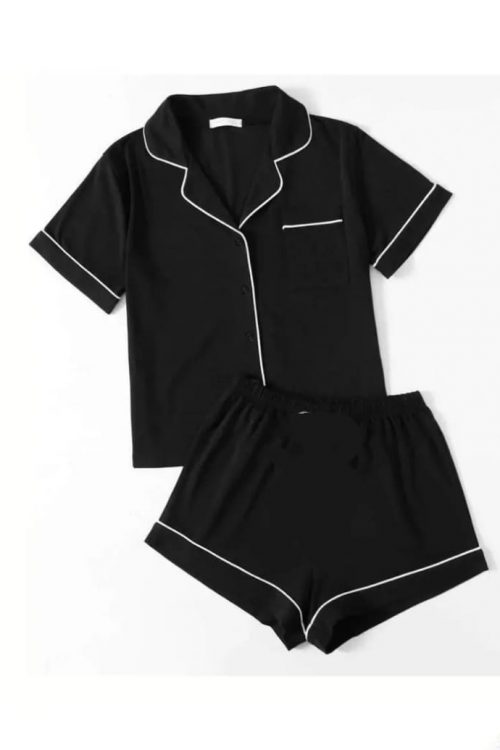 Black linen shirt short set for women