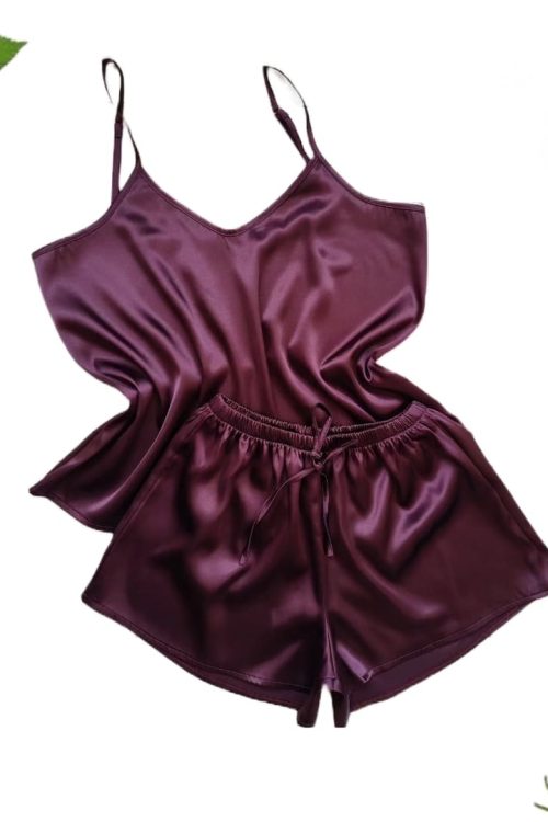 Cozy Silky 2 Piece Shorts Pajama Dark Maroon