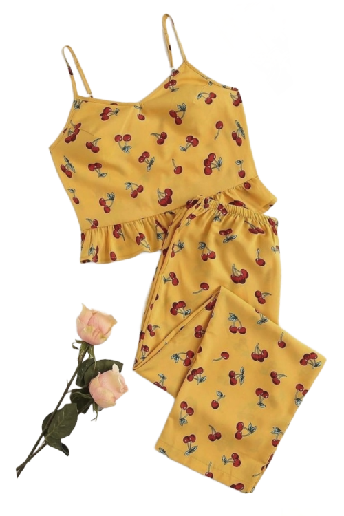 Mustard Cherry linen short top set for women