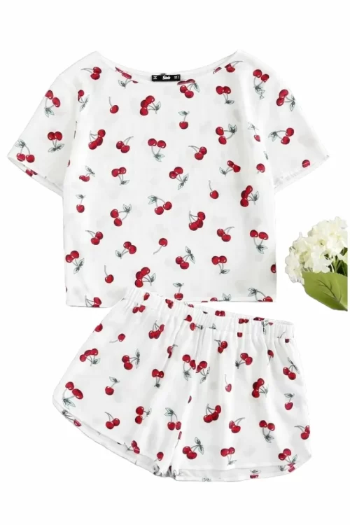 White Cherry Short+Shirt Set Women Pj’s