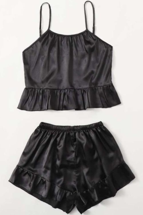 Cozy Frilled Black Silky 2 Piece Top and short